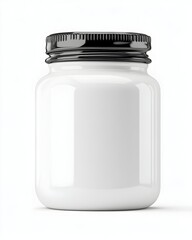 White glass jar with black lid