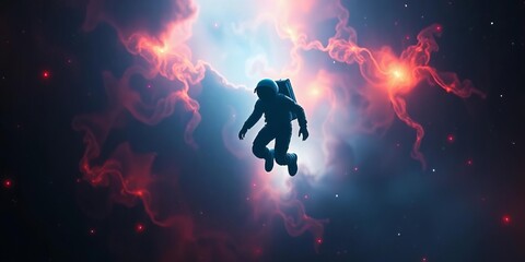 Naklejka premium Ethereal astronaut silhouette drifts amidst nebulae Halloween cosmic scene Copy space, specter, galaxy