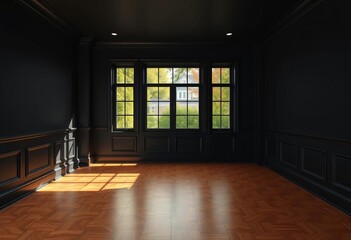 Fototapeta premium Empty room, black walls, parquet floor, yard view, copy space, architecture