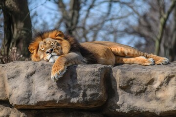 Naklejka premium Majestic lion sleeping peacefully on a rock in a zoo