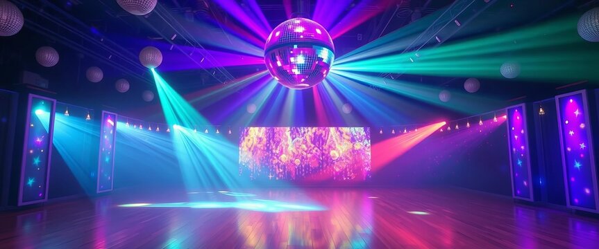 Empty dance floor, vibrant disco ball lights, celebratory atmosphere, vibrant, lights