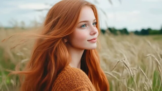 Young redhead woman with freckles wearing an orange sweater is posing in a wheat field, her long hair flowing in the wind