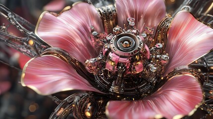 A surreal flower blending organic petals with robotic elements.
