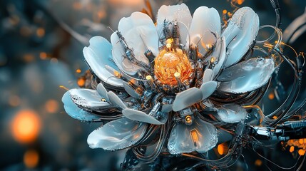 A surreal flower blending organic petals with robotic elements.