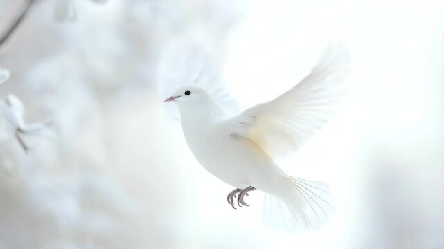 Beautiful white dove soaring gracefully through a snowy winter landscape, embodying peace, hope, and serenity