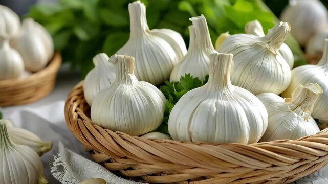 White garlic bulbs sit in a wicker basket, ready for use, with fresh parsley in the background