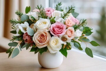 Delicate bouquet of roses and freesias illuminating the room