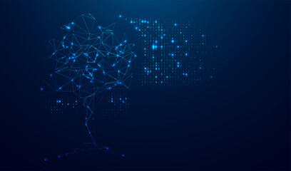 Abstract polygonal tree innovation with digital code. Glittering star dust lights. Polygonal futuristic style. Graphic concept for your design