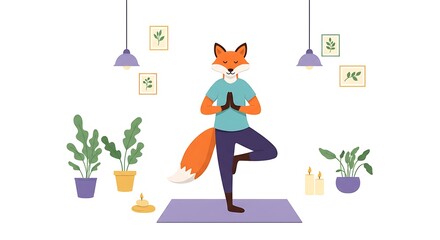 Naklejka premium Fox Character Practicing Tree Yoga Pose in Serene Interior Setting Illustration