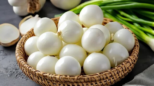 Small white onions in a wicker basket, accompanied by garlic and green onions, creating a fresh and vibrant culinary scene