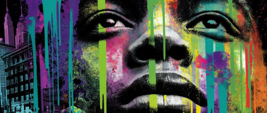 Graffiti-style mural of a face painted in vibrant neon tones, with urban textures and paint drips evoking expressive street art.