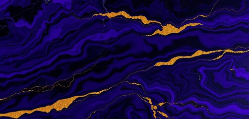 Obraz premium Dark purple & black abstract art; swirling marble, agate textures, gold glitter, graphic, art