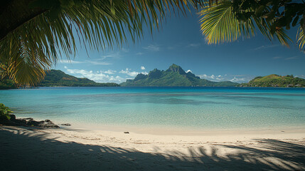 Naklejka premium A view of a tropical beach with palm trees, turquoise water, and mountains in the distance.
