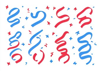 Obraz premium Festive ribbons and confetti in red and blue, playful swirls and heart shapes on a white background