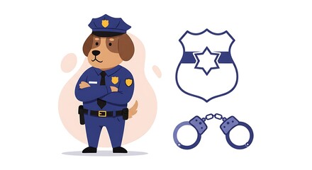 Illustration of a dog police officer alongside badge and handcuffs symbols