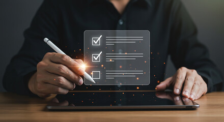 A person using a stylus on a tablet displaying a digital checklist with two items checked off real estate business ,technology ,selling ,purchasing ,agreement ,$