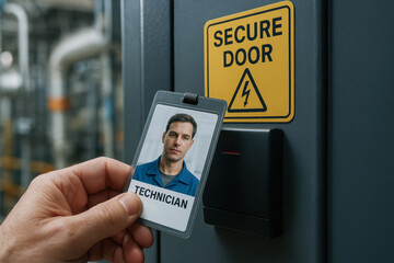Technician holding ID card near secure door at industrial power plant ensuring safety and access control in facility