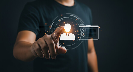 A person interacting with a digital interface displaying a profile and a checklist icon element real estate business ,technology ,selling ,purchasing ,agreement ,$