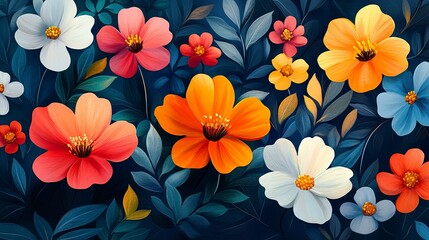 Whimsical spring blossom design with multicolor petals and decorative leaves  