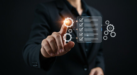 A person interacting with a digital checklist and gears on a dark background in a business setting real estate business ,technology ,selling ,purchasing ,agreement ,$
