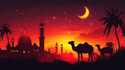 Eid al Adha template with mosque, cow, camel, and lamb