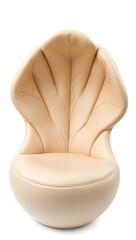 Beige shell shaped chair with rounded seat and fan shaped back isolated.