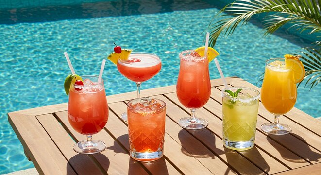 Colorful tropical cocktails on a wooden table by the sparkling swimming pool in summer sunshine