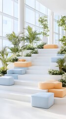A minimalist interior design with white stairs and pastel colored seating, surrounded by lush greenery