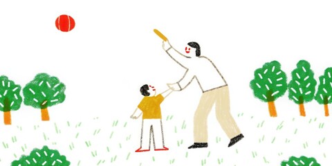 Fototapeta premium Father and son playing ball in park illustration happy family outdoors , hand drawing.