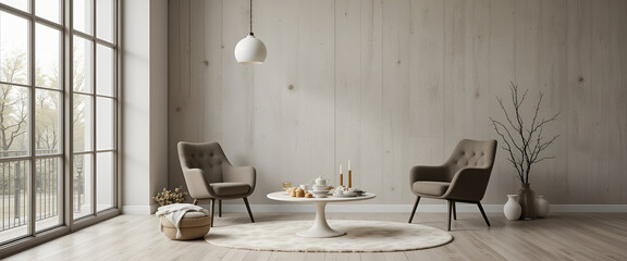 A minimalist sitting area with two neutral-toned armchairs around a sleek white coffee table set for tea, all bathed in soft natural light from large windows and surrounded by subtle rustic decor