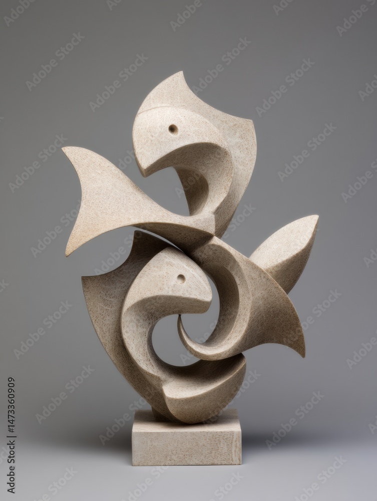 Poster abstract shapes create a stylized fish figure while maintaining a neutral background and a dynamic d