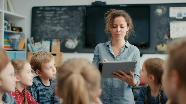 In a diverse classroom, a smiling teacher uses a tablet while explaining a lesson to attentive elementary school students, fostering interactive learning and digital literacy - Powered by Adobe