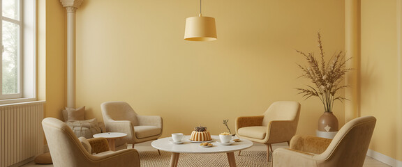 A charming monochromatic yellow sitting area featuring two elegant armchairs around a round white table topped with desserts, all bathed in soft natural light from a tall window.