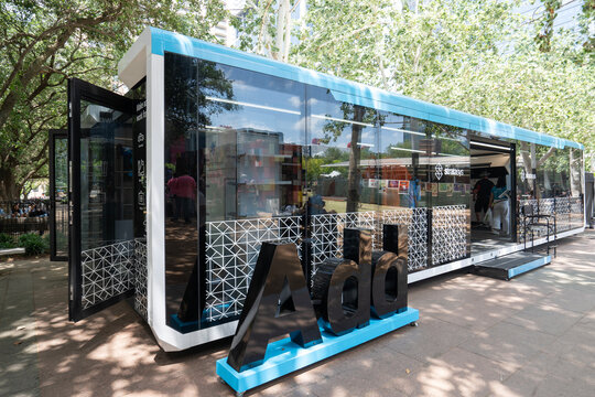 Houston, TX, USA - Apr 18, 2025: A Stratasys branded trailer that serves as its booth during the FIRST Championship events held at the George R. Brown Convention Center in Houston, Texas.
