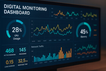 Digital monitoring dashboard displays CPU usage and network traffic data for industrial power plant systems ensuring efficient operation