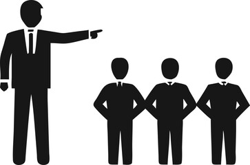 Leader Directing a Team -a silhouetted figure in a suit, pointing, three smaller silhouetted figures in the background, minimalist, flat design
