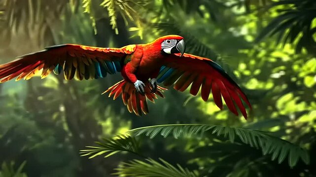 A vibrant scarlet macaw soaring above verdant jungle foliage in captivating flight