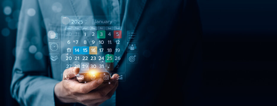 Event planner timetable agenda plan for 2025 on futuristic smart calendar interface, managing schedules, appointments, reminders efficiently with advanced digital technology for seamless organization