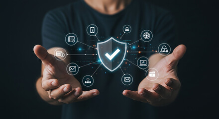 A person holding a shield with a checkmark surrounded by various digital security icons overhead real estate business ,technology ,selling ,purchasing ,agreement ,$