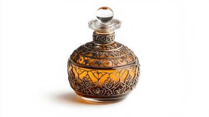 Ornate perfume bottle with decorative, metallic accents