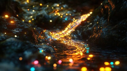 Naklejka premium Stream of light flows through a rocky, dark, fantasy-like landscape