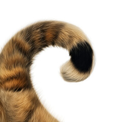 The elegant and curly tail of a cat, beautifully detailed with brown and black markings. The soft fur is perfectly captured against a clean backdrop