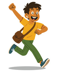 PrintVector cartoon illustration of a happy young man running energetically with a joyful expression. The character is wearing casual clothes, a shoulder bag, and earphones, symbolizing excitement