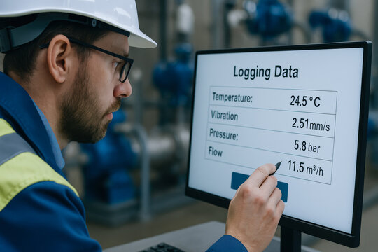 Focused engineer in hard hat monitors logging data on computer screen at industrial power plant ensuring precise control and safety