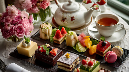 overhead photograph of a beautifully arranged afternoon tea setting on a round table with a teapot, teacups, and a tray of colorful desserts, showcasing the full spread,