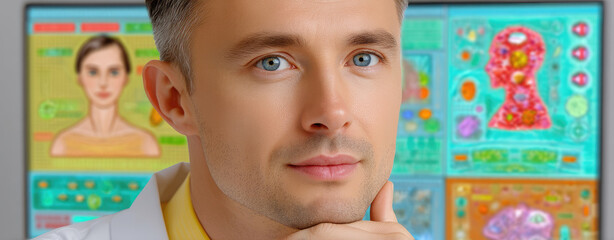 Fototapeta premium Thoughtful man in lab coat contemplates data on screen showing medical diagrams
