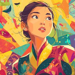 Young woman in vibrant clothing surrounded by colorful abstract patterns