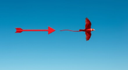 Naklejka premium Red arrow and bird soaring in a clear blue sky.