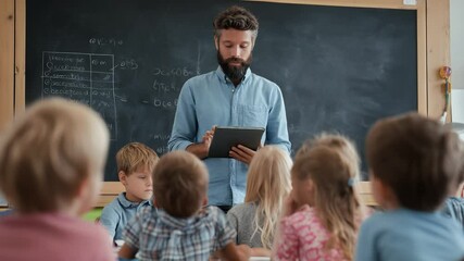Elementary school teacher using a tablet while teaching maths to his students, standing in front of a blackboard with equations and lists on it - Powered by Adobe