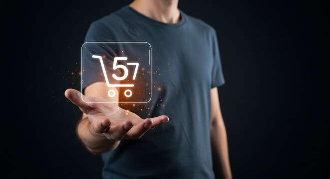 Man holding shopping cart icon with number fifty seven in his hand against a dark background real estate business ,technology ,selling ,purchasing ,agreement ,$